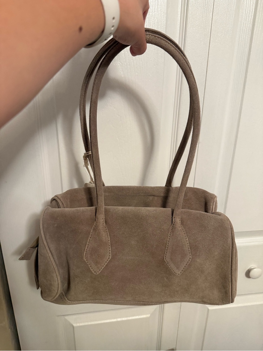 Free People Sierra Suede Leather Tubular Shoulder Bag Purse in Taupe - NEW